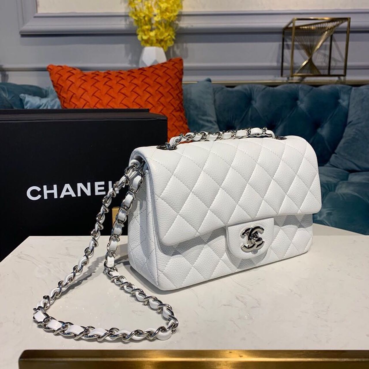ChanelSmall Classic Handbag Silver Hardware White For Women, Women’s Bags, Shoulder And Crossbody Bags 7.8in/20cm A01113