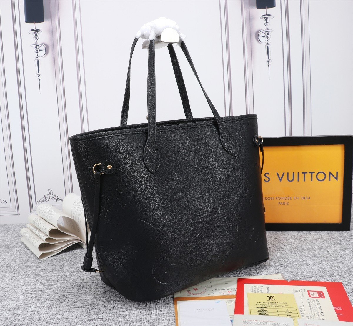 Louis Vuitton Neverfull MM Tote Bag Monogram Empreinte Black For Women, Women’s Handbags, Shoulder Bags 12.2in/31cm LV M45685