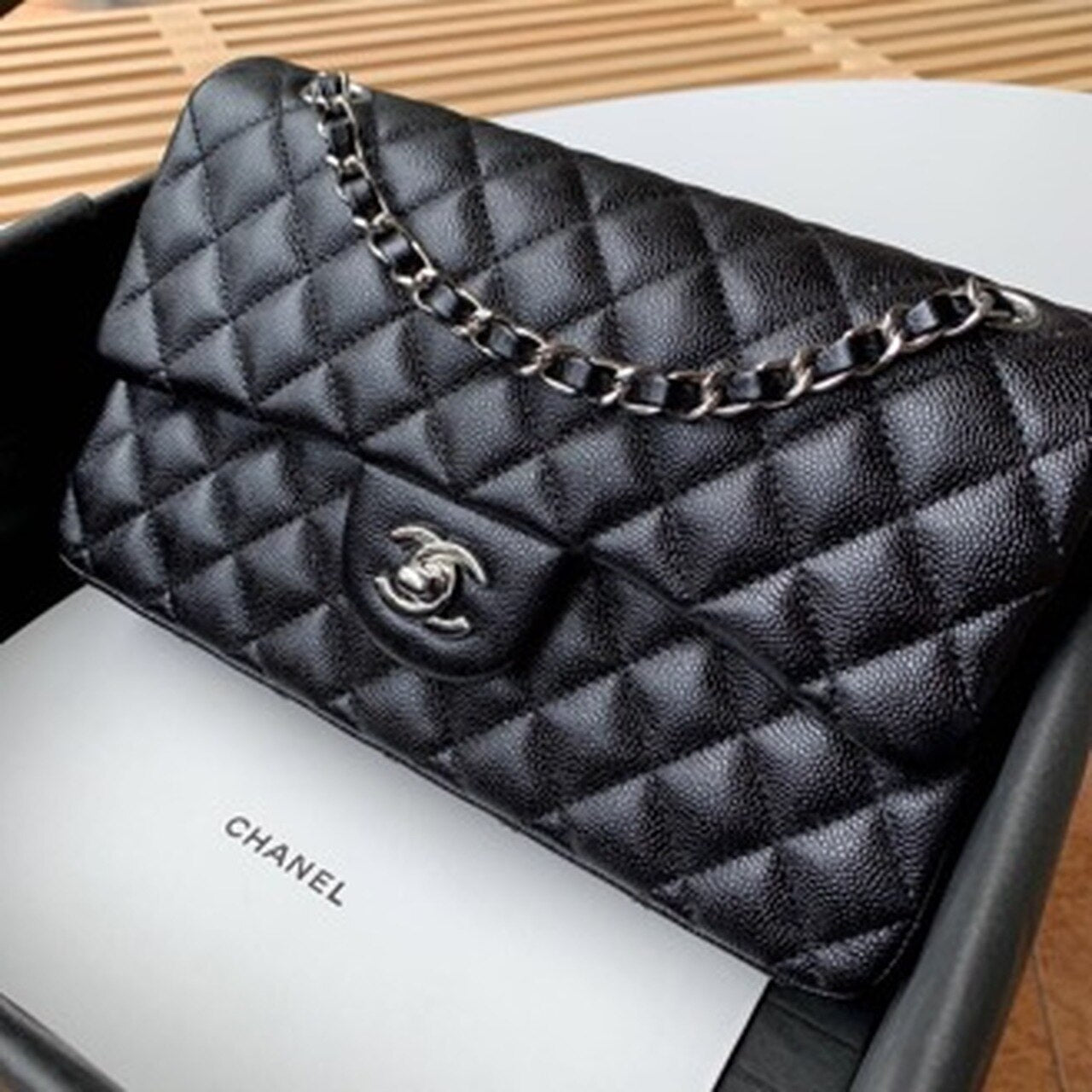 Chanel Classic Handbag Silver Hardware Black For Women, Women’s Bags, Shoulder And Crossbody Bags 10.2in/26cm A01112