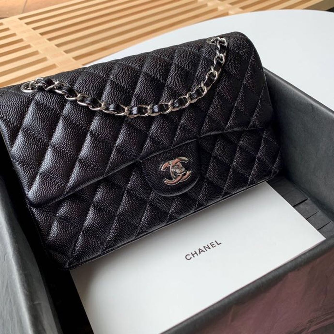 Chanel Classic Handbag Silver Hardware Black For Women, Women’s Bags, Shoulder And Crossbody Bags 10.2in/26cm A01112