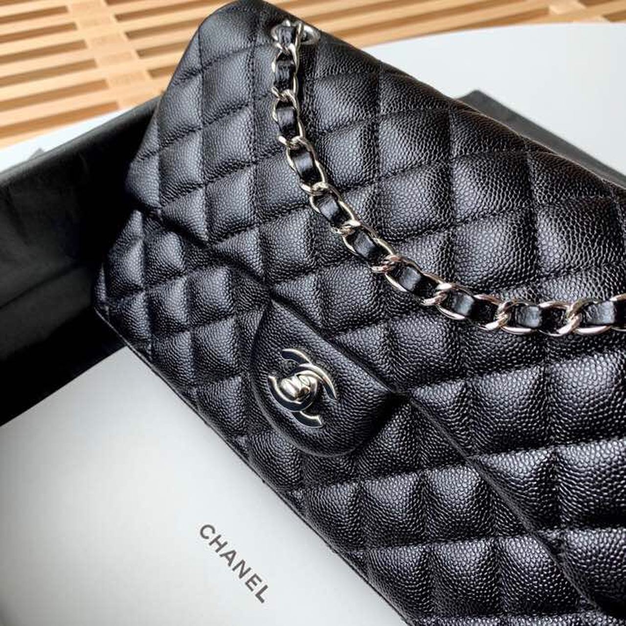 Chanel Classic Handbag Silver Hardware Black For Women, Women’s Bags, Shoulder And Crossbody Bags 10.2in/26cm A01112