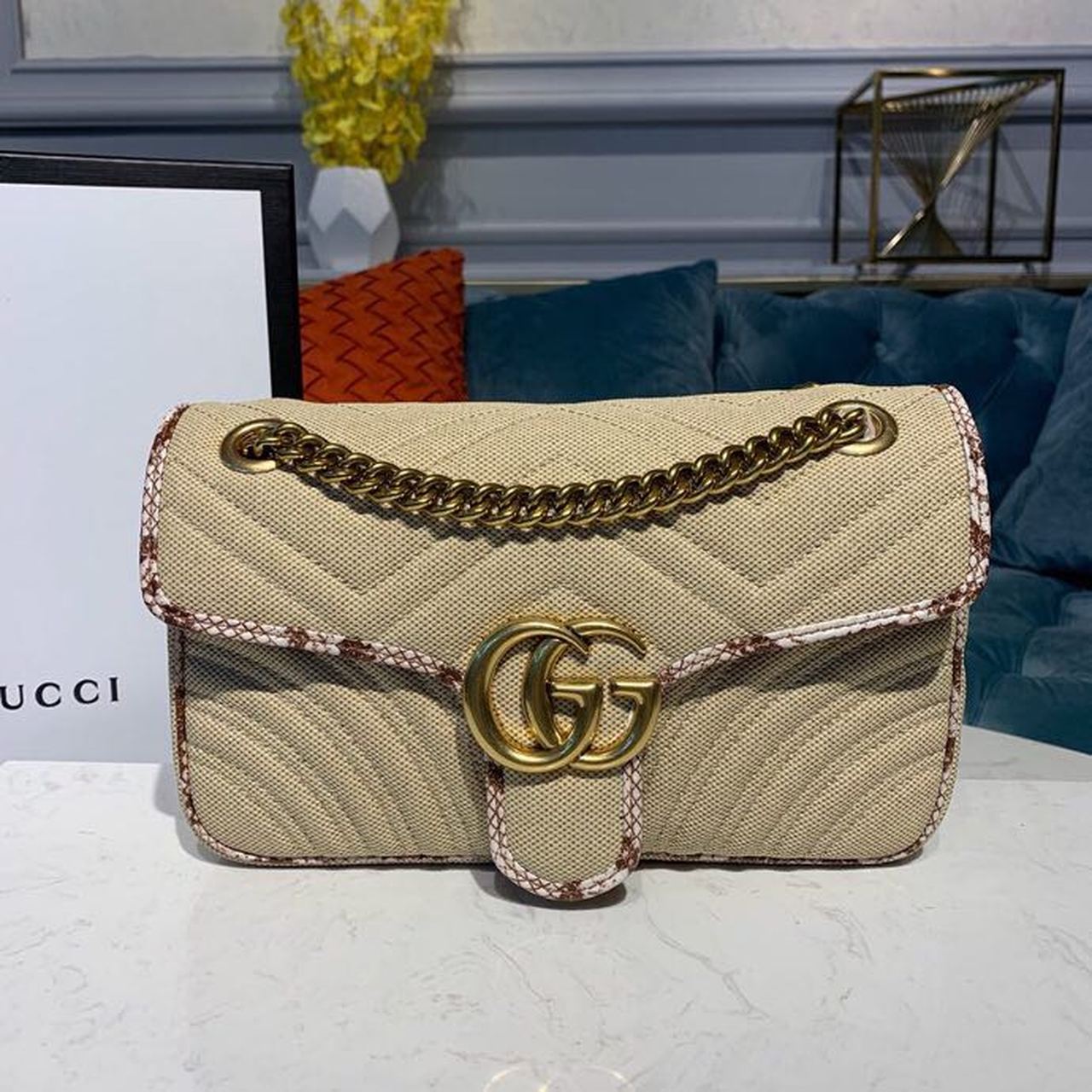 gg Marmont Raffia Straw Shoulder Bag Cream/Brown/Beige gg Chevron Matelassé Raffia Effect Fabric For Women 10in/26cm gg 443497