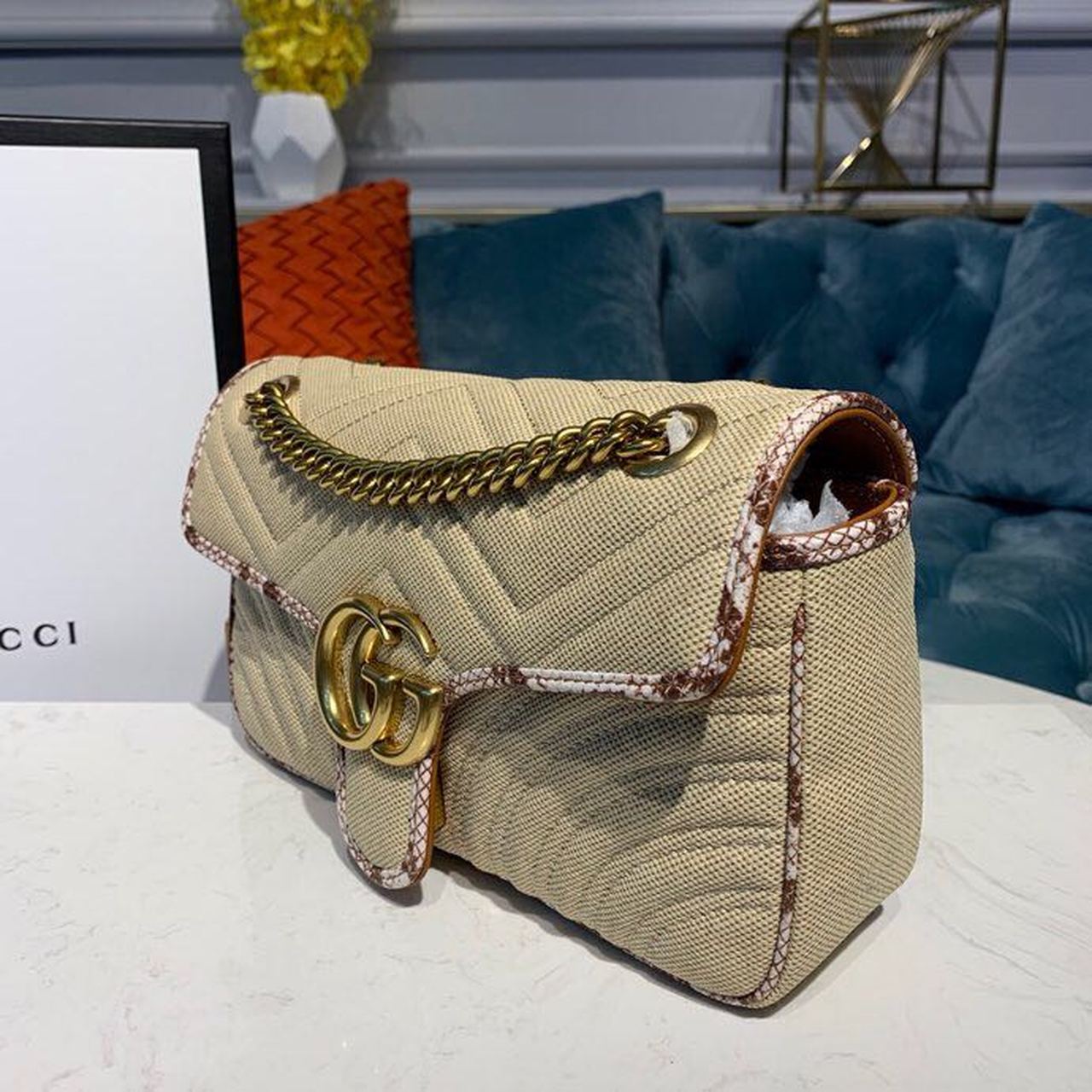 gg Marmont Raffia Straw Shoulder Bag Cream/Brown/Beige gg Chevron Matelassé Raffia Effect Fabric For Women 10in/26cm gg 443497