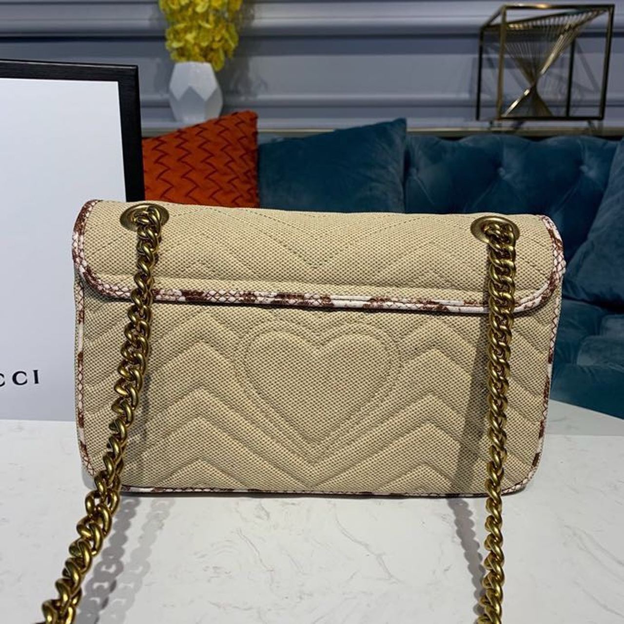 gg Marmont Raffia Straw Shoulder Bag Cream/Brown/Beige gg Chevron Matelassé Raffia Effect Fabric For Women 10in/26cm gg 443497
