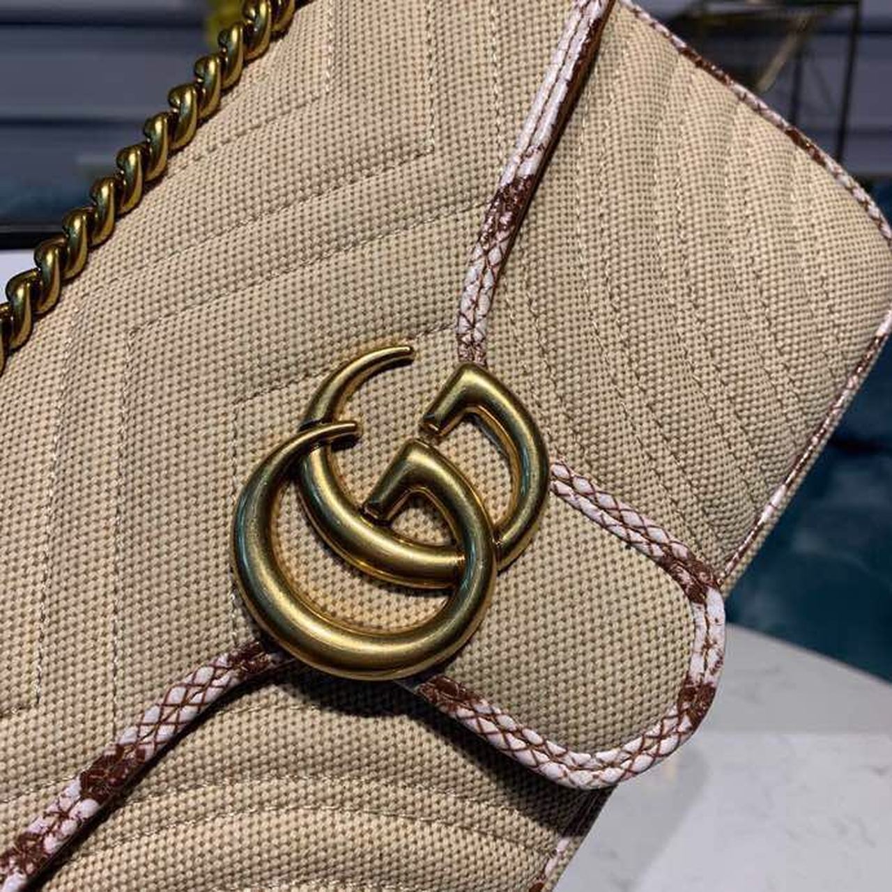 gg Marmont Raffia Straw Shoulder Bag Cream/Brown/Beige gg Chevron Matelassé Raffia Effect Fabric For Women 10in/26cm gg 443497