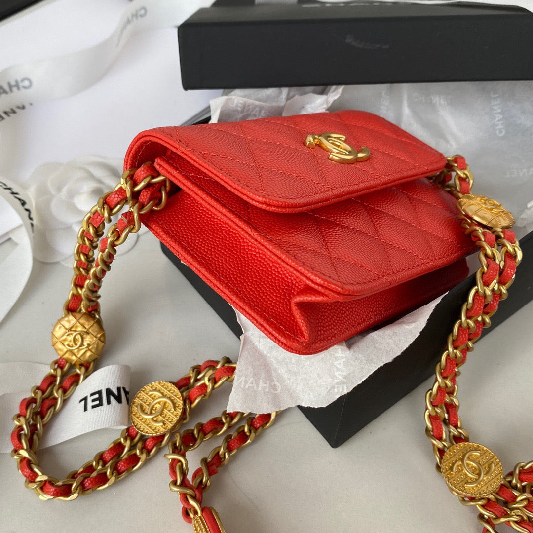 Chanel Clutch With Chain Gold Hardware Grained Shinny Red For Women, Women’s Handbags, Shoulder Bags 4.7in/12cm AP2857
