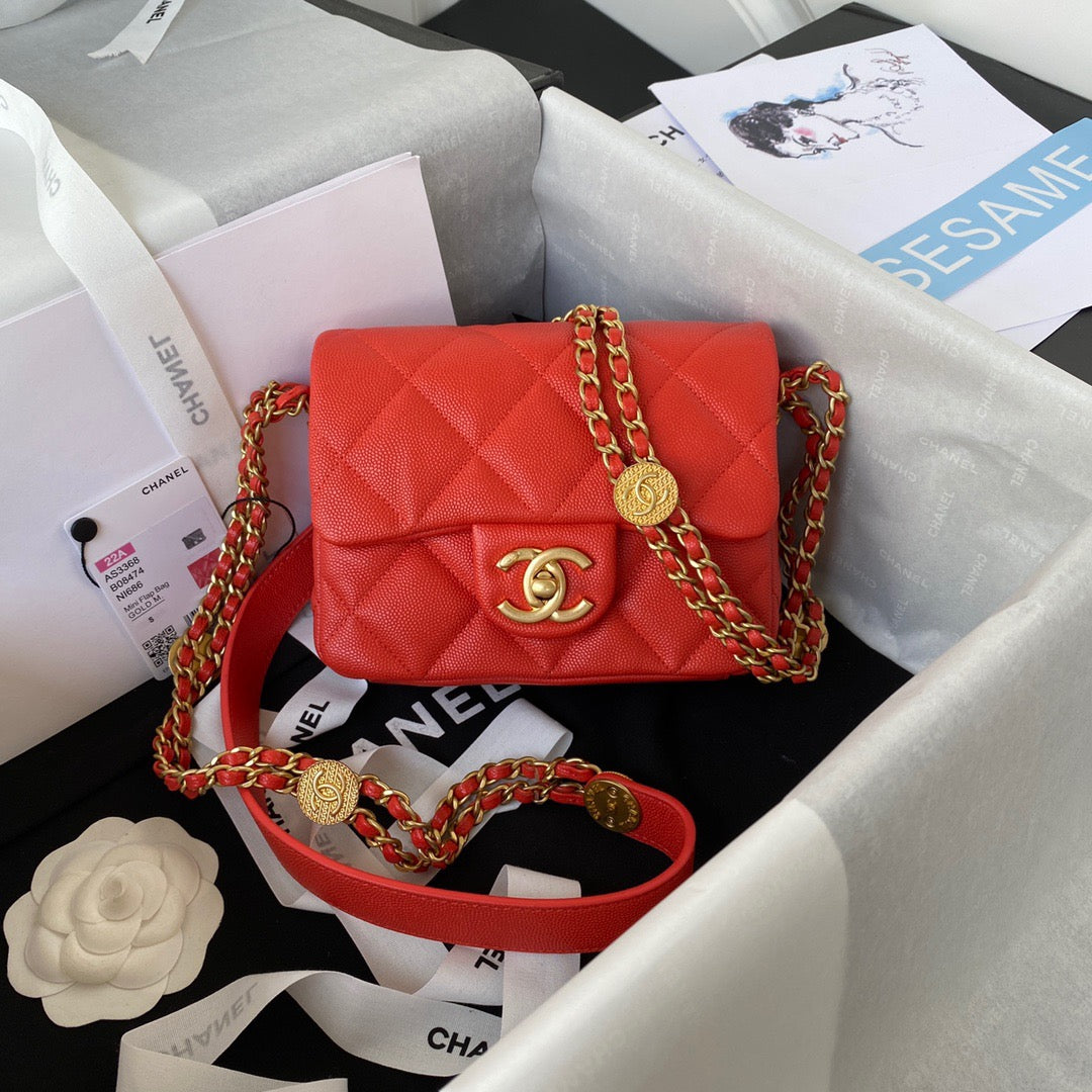 ChanelMini Flap Bag With Top Handle Gold Hardware Red For Women, Women’s Handbags, Shoulder Bags 7.9in/20cm AS2431