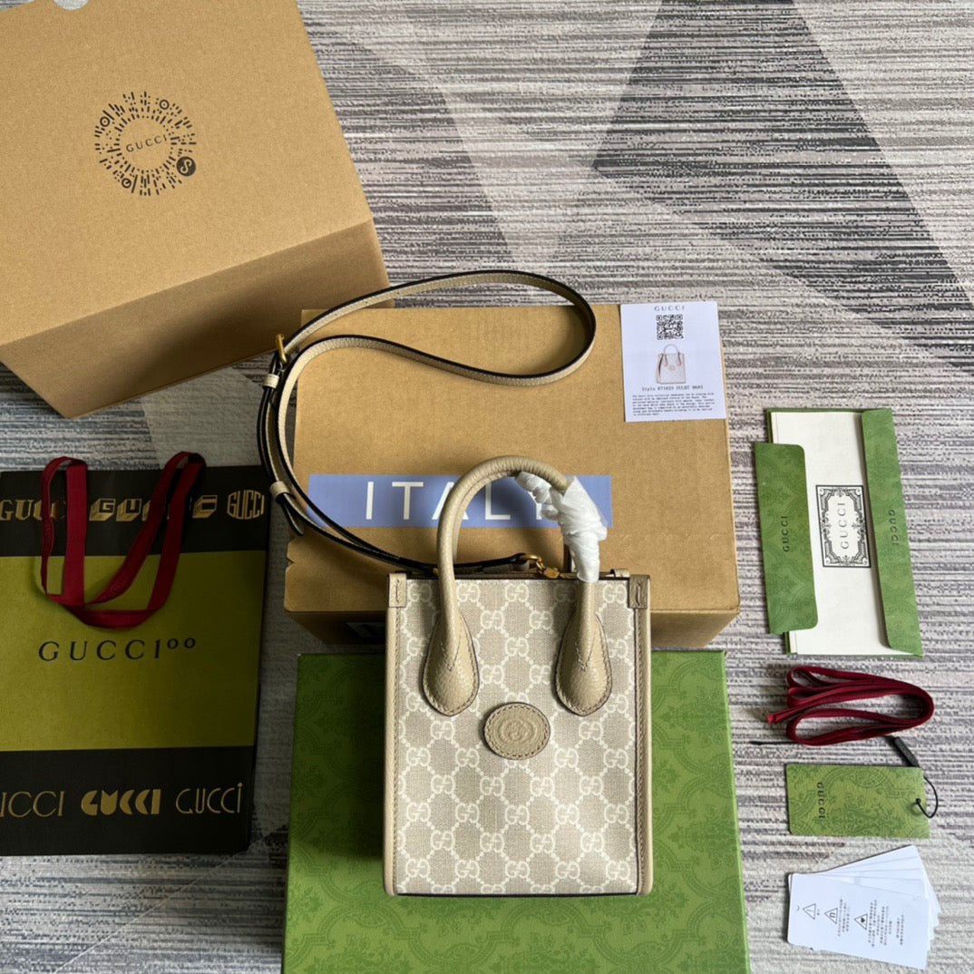 gg Mini Tote Bag With Interlocking G Beige For Women, Women’s Bags 7.8in/20cm gg 671623 UULBT 9683