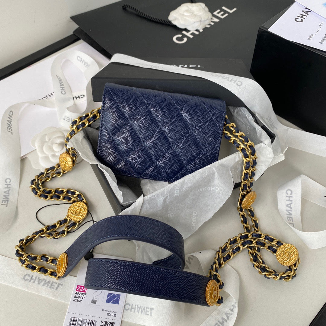 Chanel Clutch With Chain Gold Hardware Grained Shinny Navy Blue For Women, Women’s Handbags, Shoulder Bags 4.7in/12cm AP2857