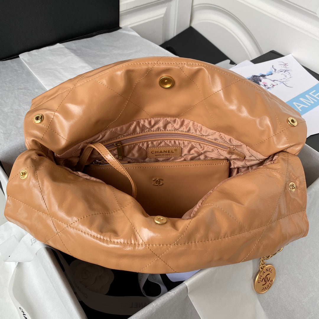 CHL 22 Handbag Gold Hardware Shiny Camel For Women, Women’s Handbags, Shoulder Bags 16.5in/38cm AS3261 B08037 NB356