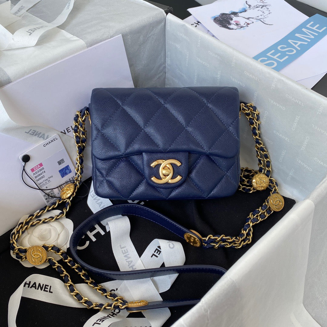 ChanelMini Flap Bag With Top Handle Gold Hardware Navy Blue For Women, Women’s Handbags, Shoulder Bags 7.9in/20cm AS2431 B08846 NJ532