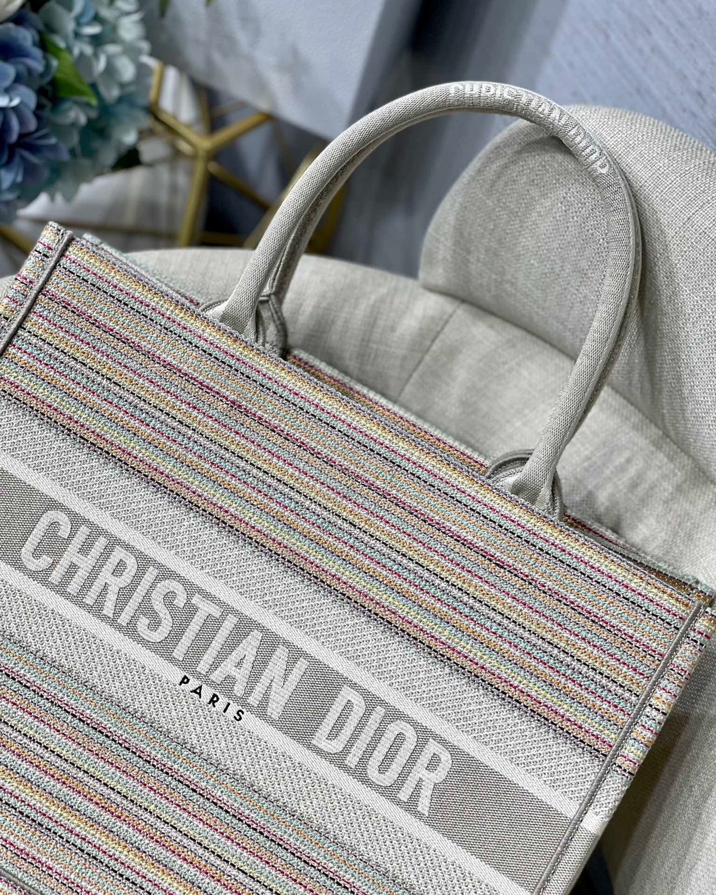DI Medium Book Tote Bag Canvas Stripes Embroidery For Women 36cm/16.5in CD