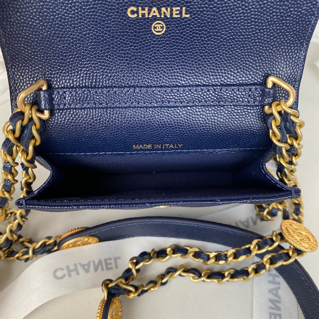 Chanel Clutch With Chain Gold Hardware Grained Shinny Navy Blue For Women, Women’s Handbags, Shoulder Bags 4.7in/12cm AP2857