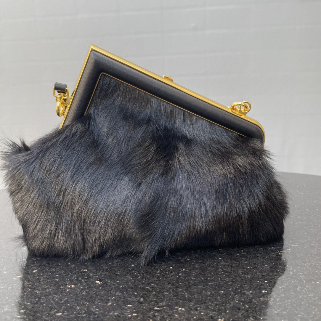 FI First Small Black Fox Fur Bag For Woman 26cm/10in