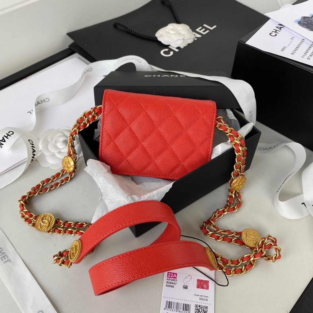 Chanel Clutch With Chain Gold Hardware Grained Shinny Red For Women, Women’s Handbags, Shoulder Bags 4.7in/12cm AP2857