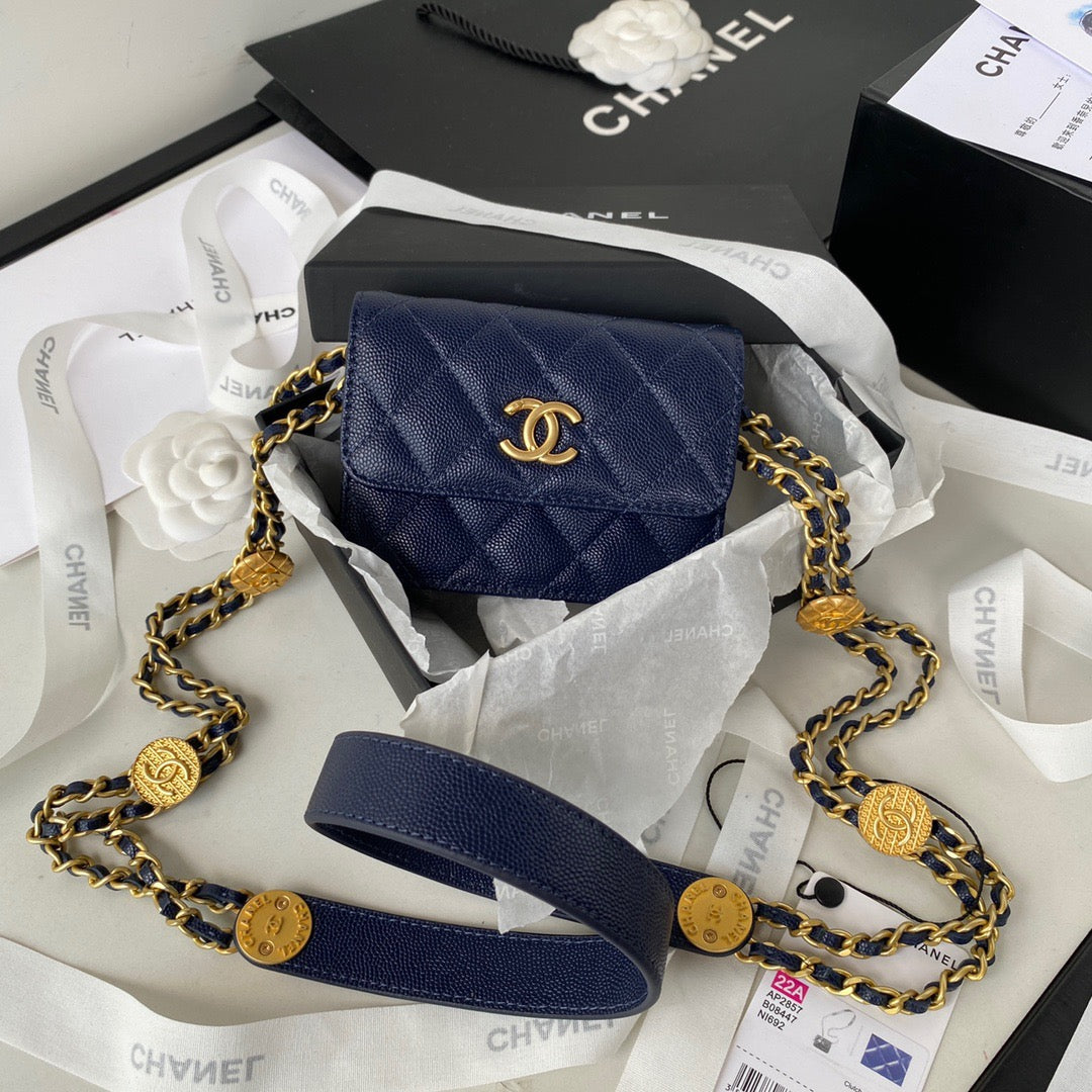 Chanel Clutch With Chain Gold Hardware Grained Shinny Navy Blue For Women, Women’s Handbags, Shoulder Bags 4.7in/12cm AP2857