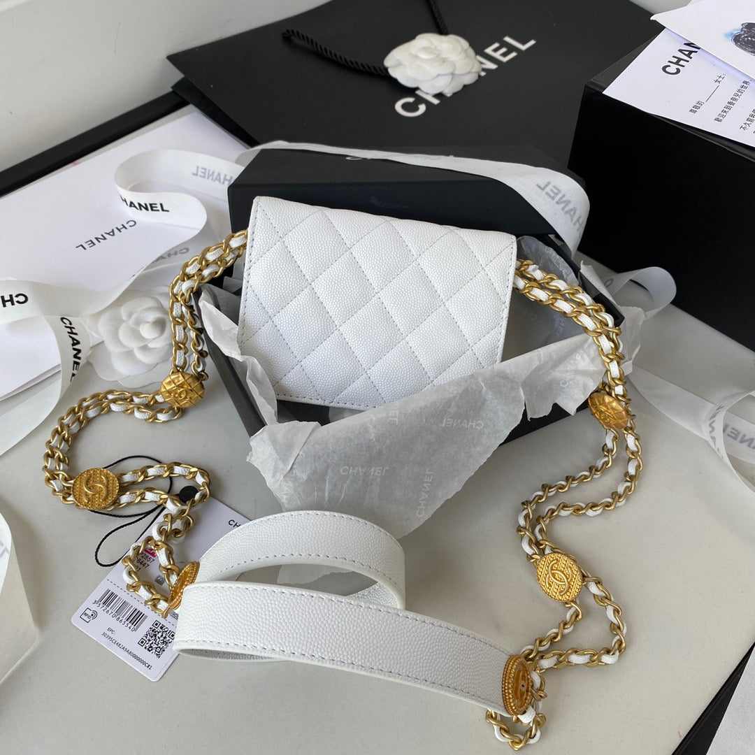 Chanel Clutch With Chain Gold Hardware Grained Shinny White For Women, Women’s Handbags, Shoulder Bags 4.7in/12cm AP2857