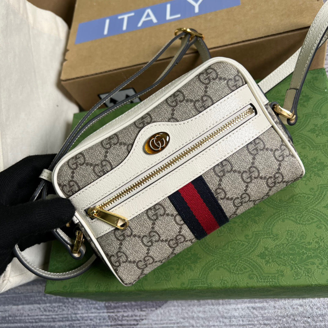 gg Ophidia Mini gg Bag Beige And Ebony gg Supreme Canvas, With White For Women 7in/17.5cm gg 517350 96IWS 9794