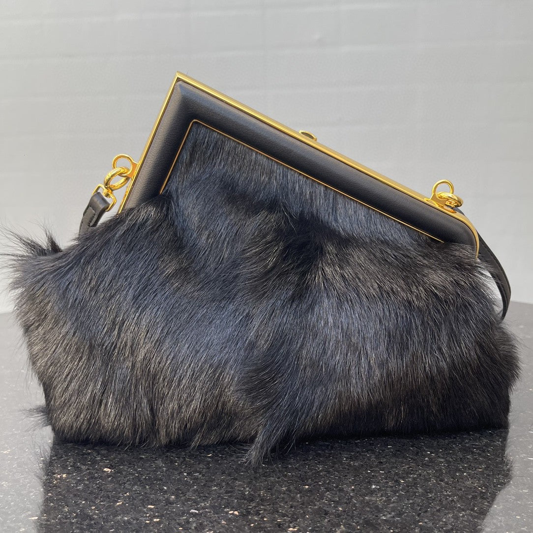 FI First Small Black Fox Fur Bag For Woman 26cm/10in