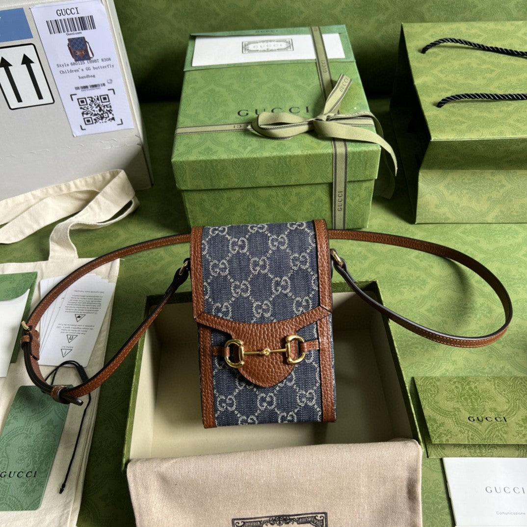 gg Horsebit 1955 Mini Bag Blue And Ivory gg Denim Jacquard For Women 6.7in/17cm 625615 2KQgg 8375