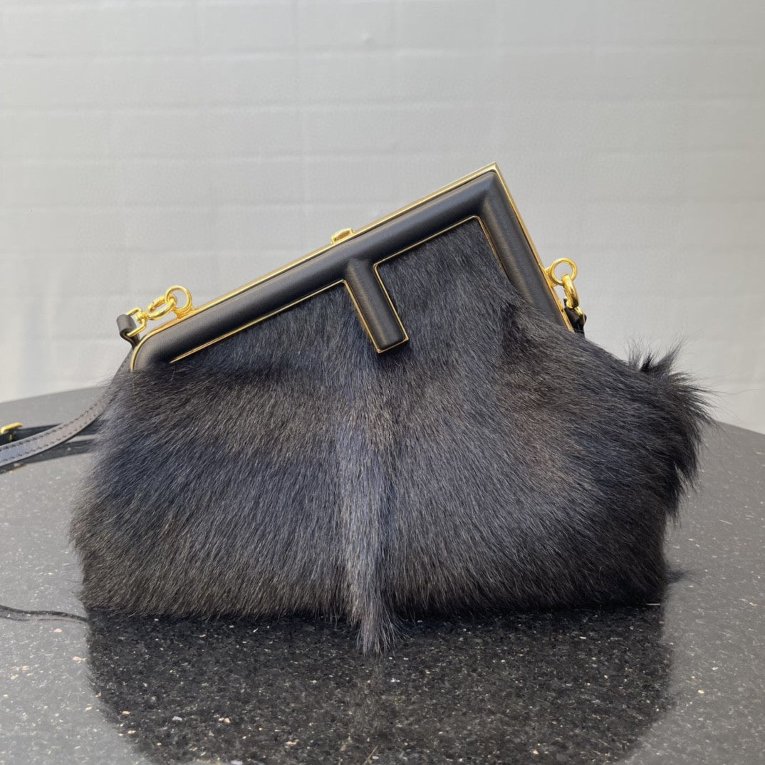 FI First Small Black Fox Fur Bag For Woman 26cm/10in