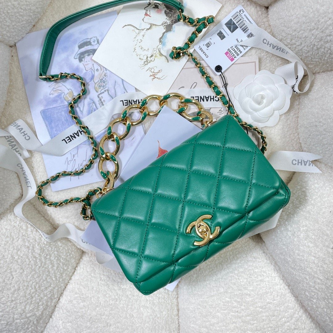 Chanel Flap Bag Gold Hardware Green For Women, Women’s Handbags, Shoulder Bags 7.9in/20cm AS3366