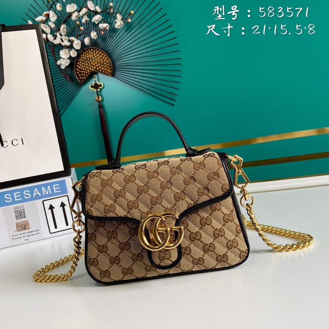 gg Ladies gg Canvas Marmont Mini Top Handle Bag Beige/Ebony Diagonal Matelassé Original gg Canvas 8.3in/21cm gg 583571 HVKEG 9772