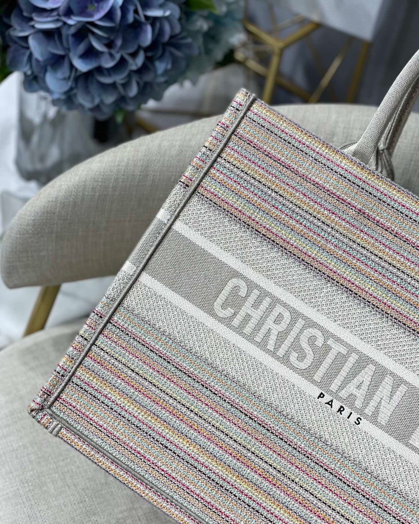 DI Medium Book Tote Bag Canvas Stripes Embroidery For Women 36cm/16.5in CD