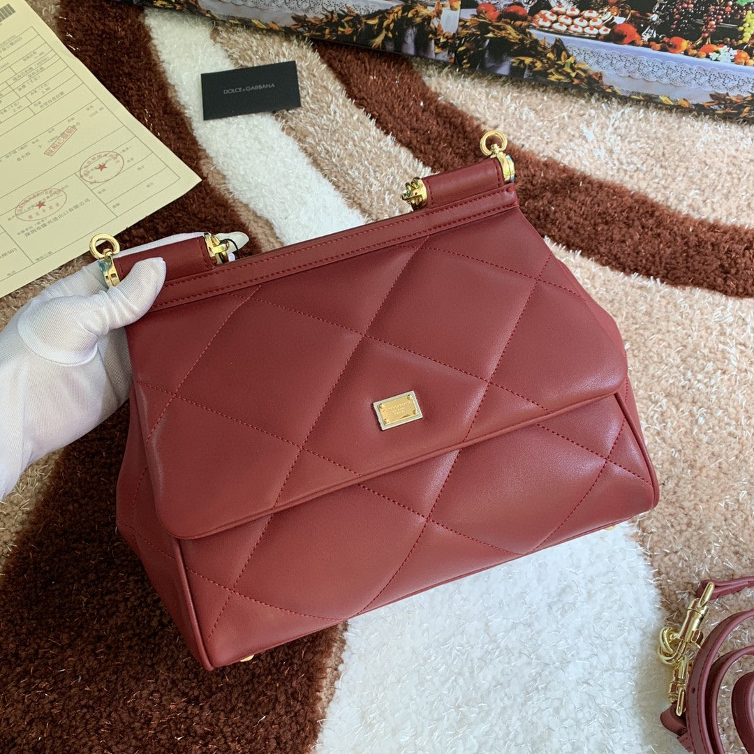 DG Medium Sicily Bag In Quilted Burgundy For Women 10.2in/26cm DG