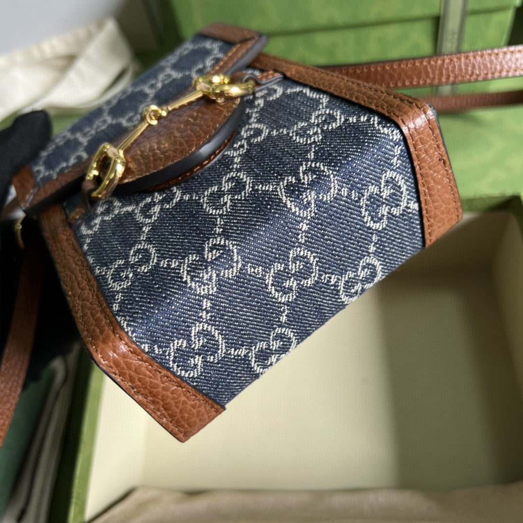 gg Horsebit 1955 Mini Bag Blue And Ivory gg Denim Jacquard For Women 6.7in/17cm 625615 2KQgg 8375