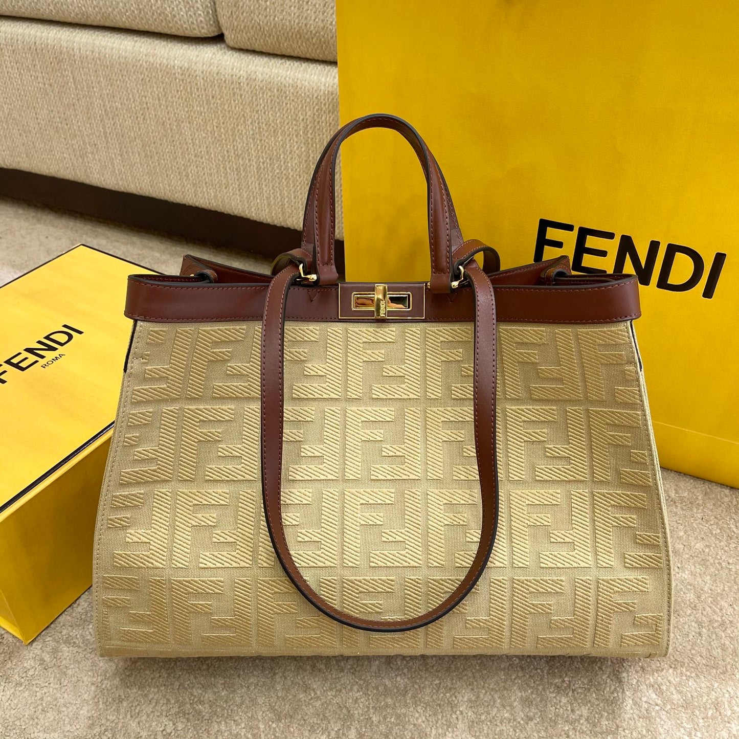 FI Peekaboo X-tote Bag Beige Canvas For Women, Women’s Handbags, Shoulder Bags 16.1in/41cm FF 8BH374