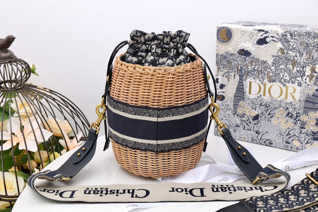 DI Medium Lady Bag Natural Wicker Blue For Women 28cm/11in CD M0505CMVO_M808