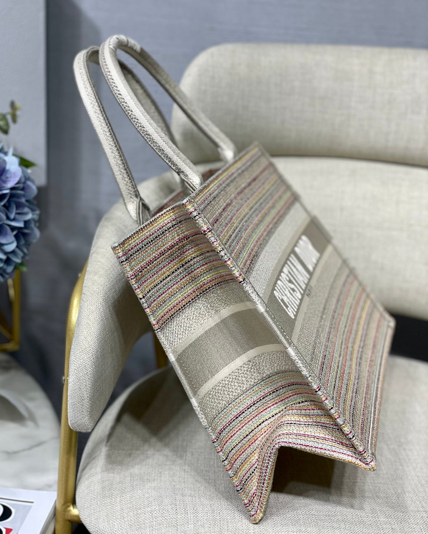 DI Medium Book Tote Bag Canvas Stripes Embroidery For Women 36cm/16.5in CD