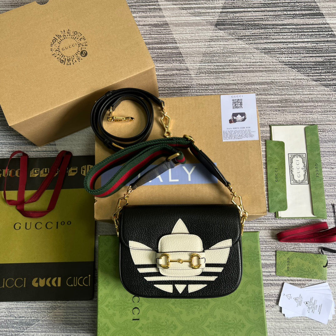 gg x Adidas Horsebit 1955 Mini Bag Black For Women, Women’s Bags 8.1in/21cm gg 658574 U3ZDG 8726