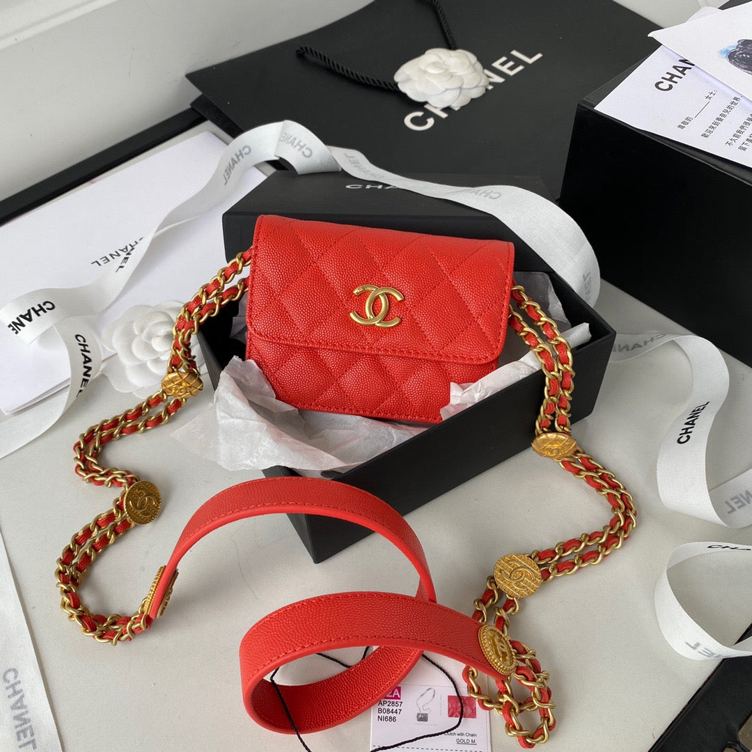 Chanel Clutch With Chain Gold Hardware Grained Shinny Red For Women, Women’s Handbags, Shoulder Bags 4.7in/12cm AP2857