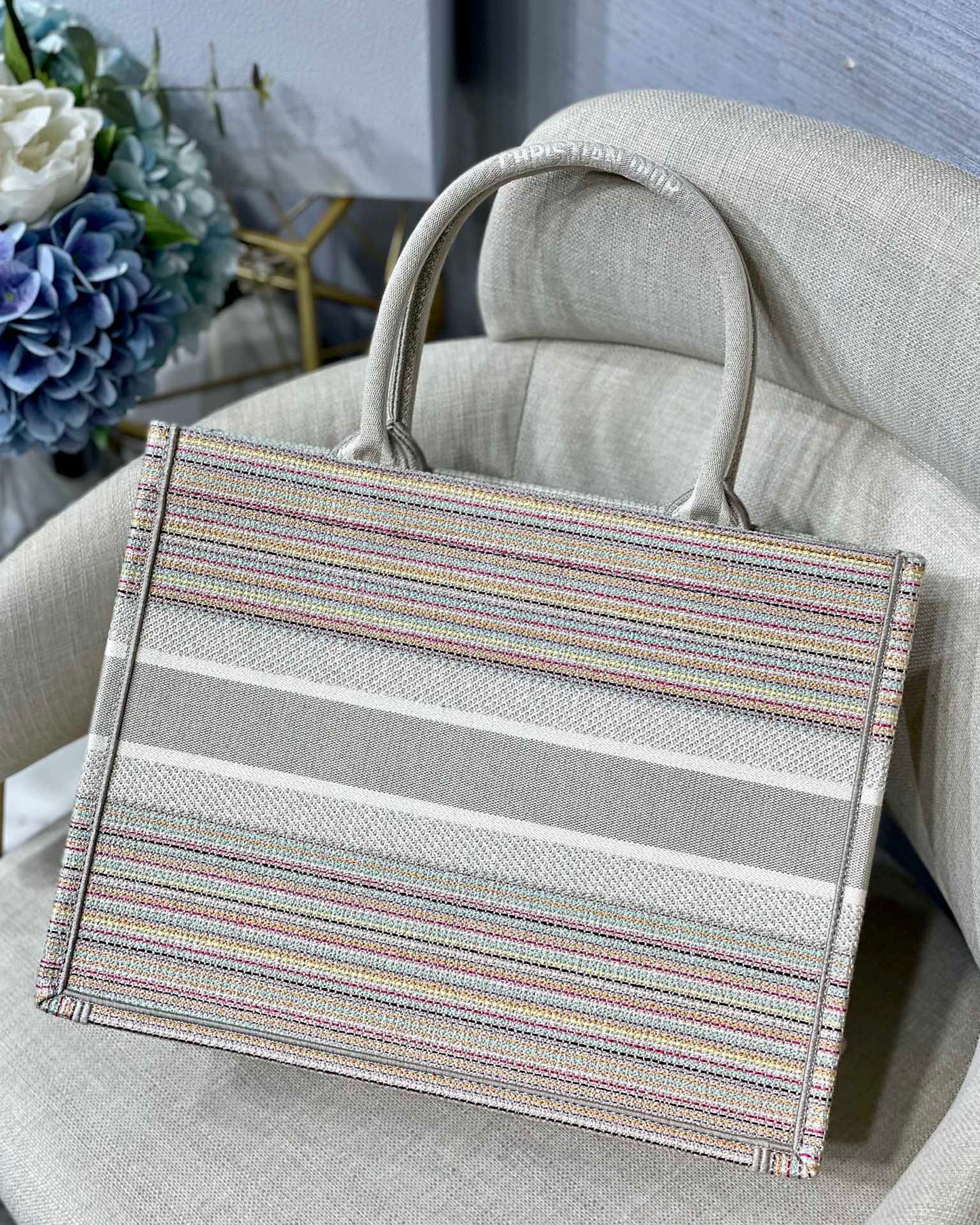 DI Medium Book Tote Bag Canvas Stripes Embroidery For Women 36cm/16.5in CD