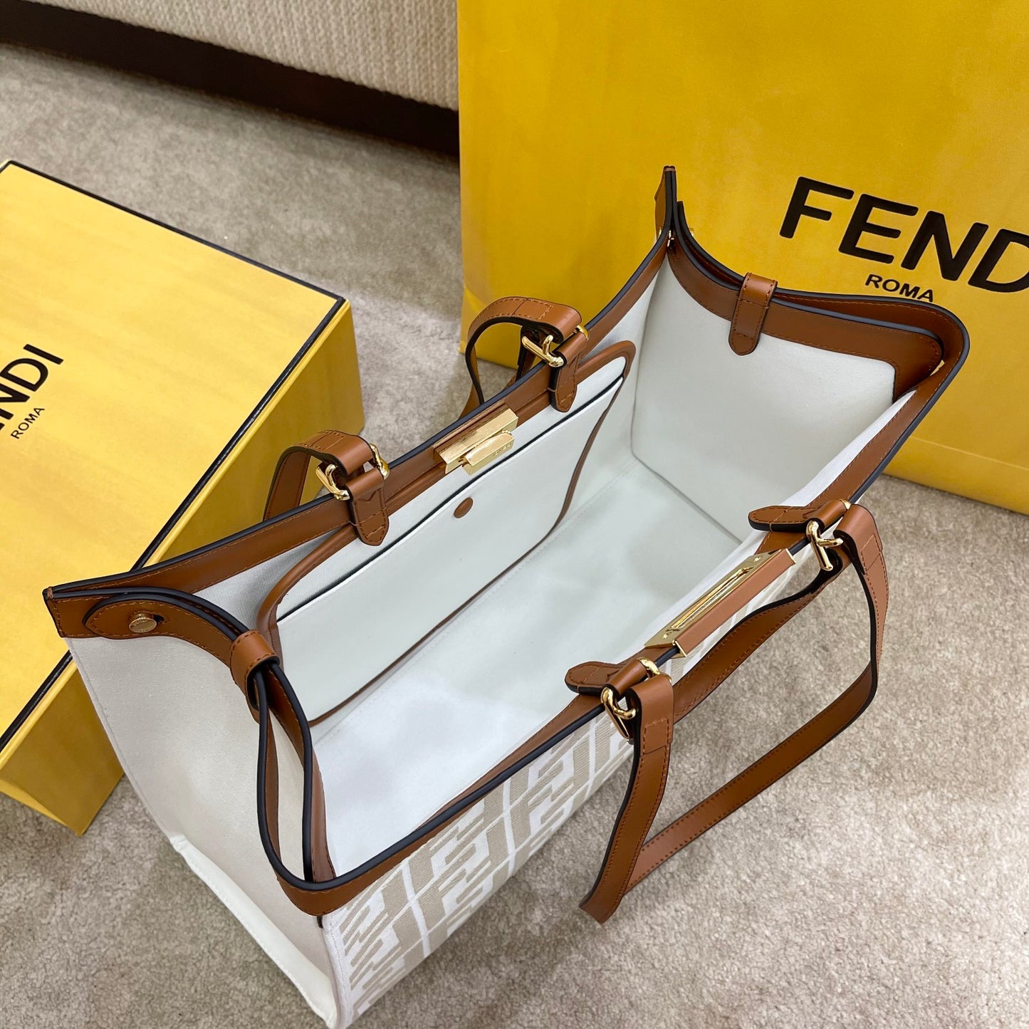 FI Peekaboo X-tote Bag White Canvas For Women, Women’s Handbags, Shoulder Bags 16.1in/41cm FF 8BH374