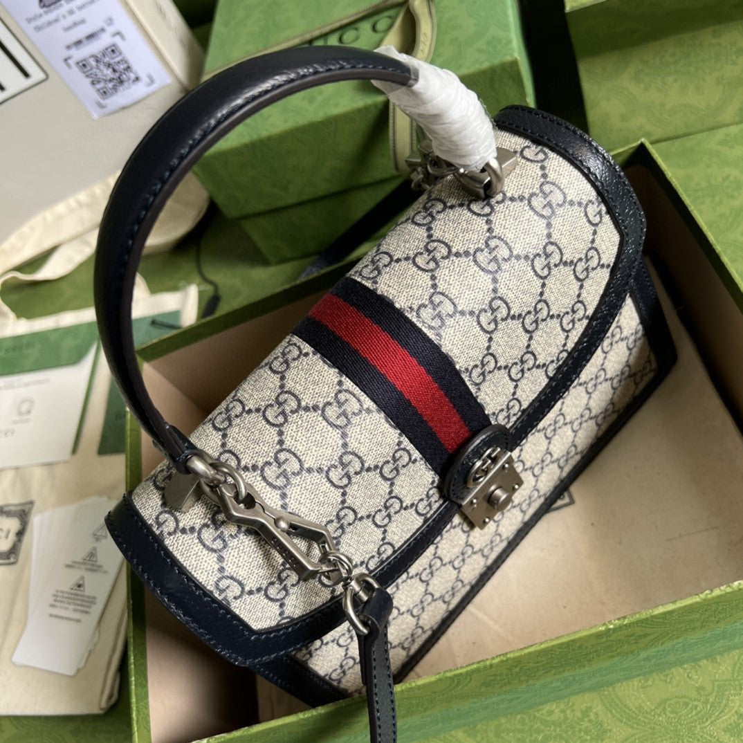gg Ophidia Small Top Handle Bag Beige And Blue gg Supreme Canvas For Women 10in/25cm 651055 96IWN 4076