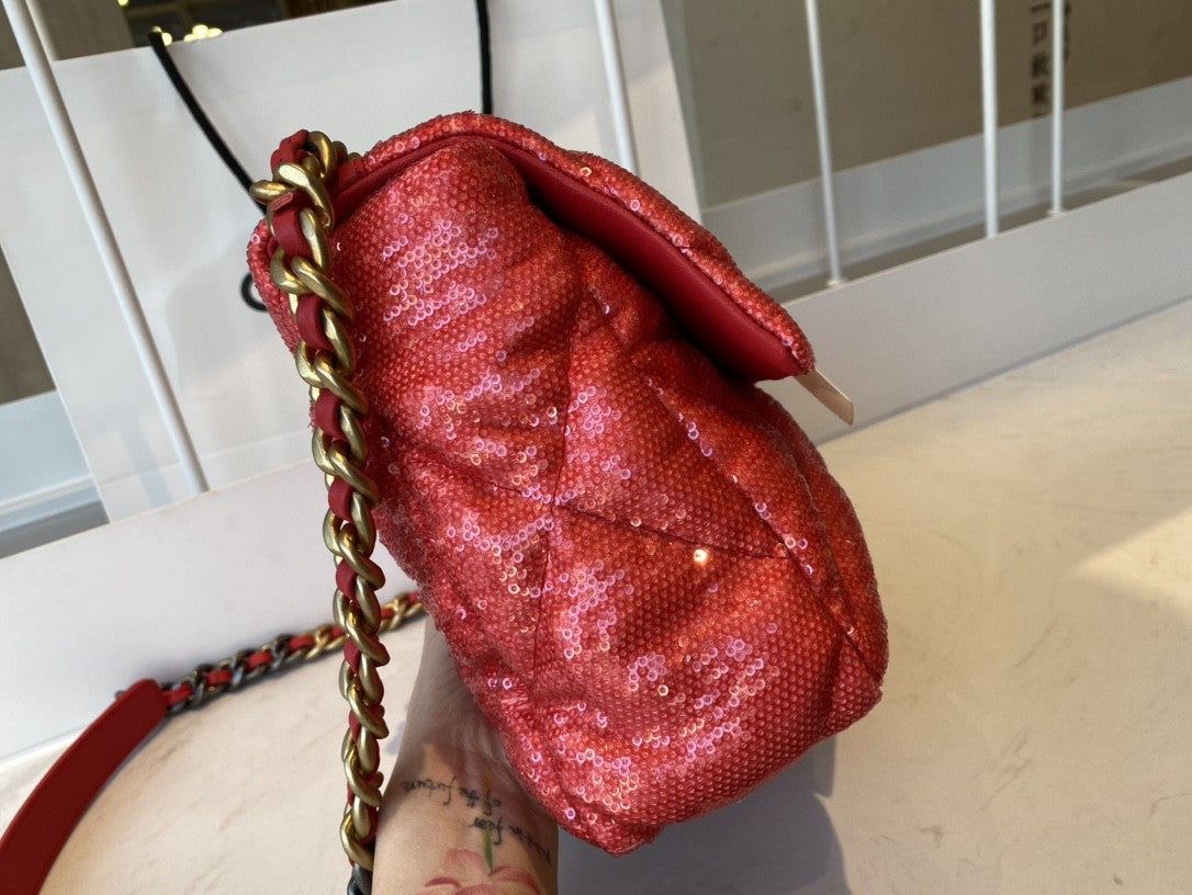 CHL 19 Flap Bag Gold Hardware Red For Women, Women’s Handbags, Shoulder Bags 10.2in/26cm AS1160