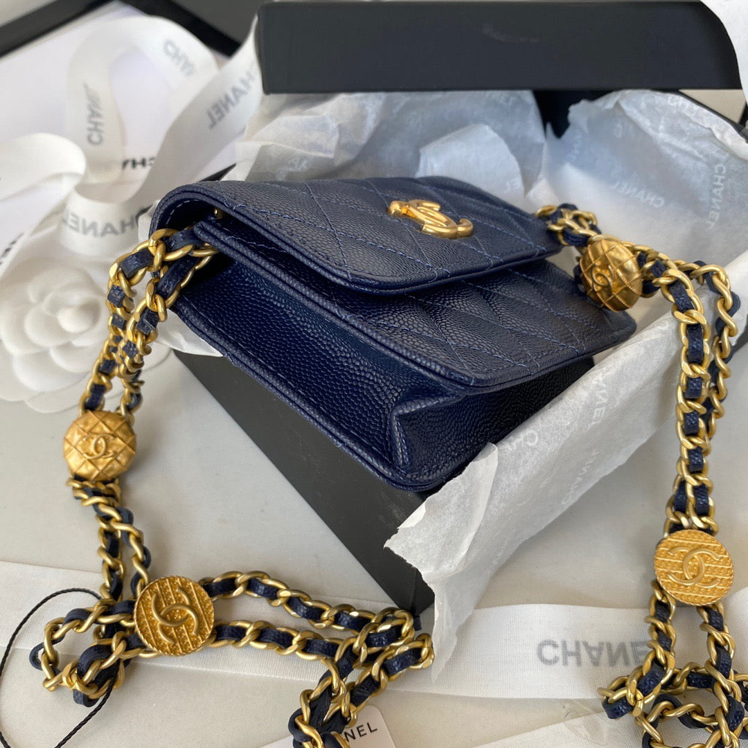 Chanel Clutch With Chain Gold Hardware Grained Shinny Navy Blue For Women, Women’s Handbags, Shoulder Bags 4.7in/12cm AP2857