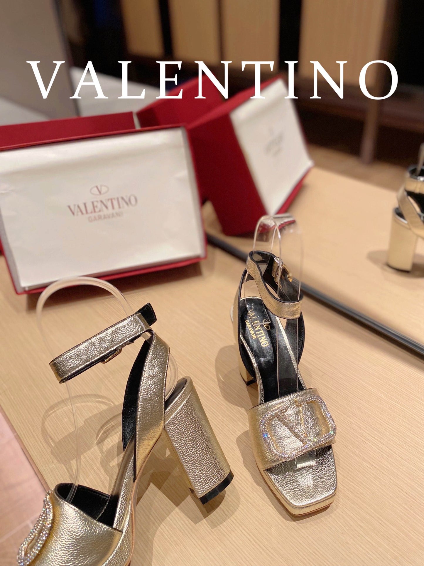 Valentino Garavani Strap Heeled Sandals With V Logo Crystal Embellishment Gold For Women