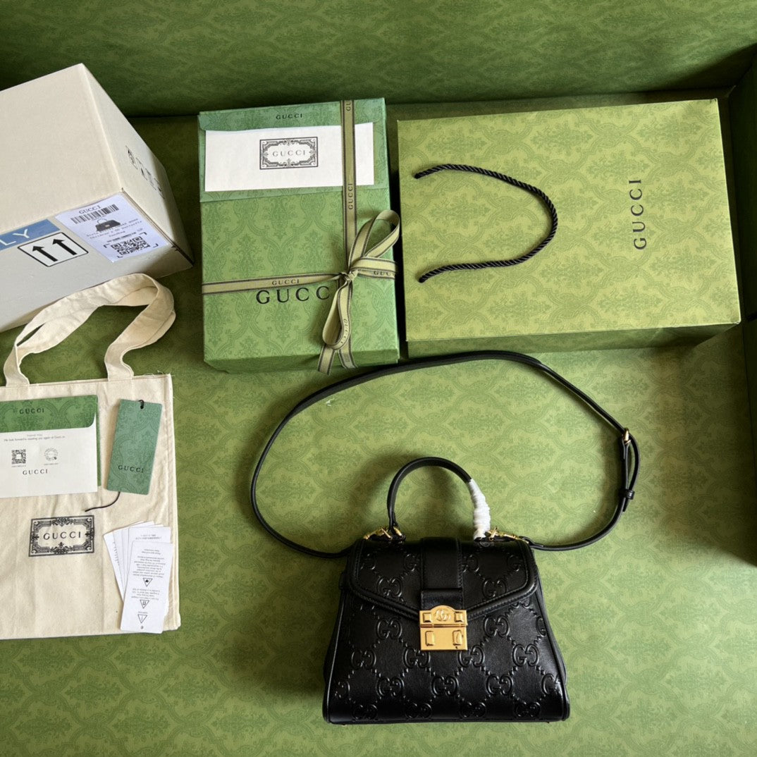 gg Small gg Top Handle Bag Black Debossed For Women 11in/29cm gg 675791 UD9AG 1000