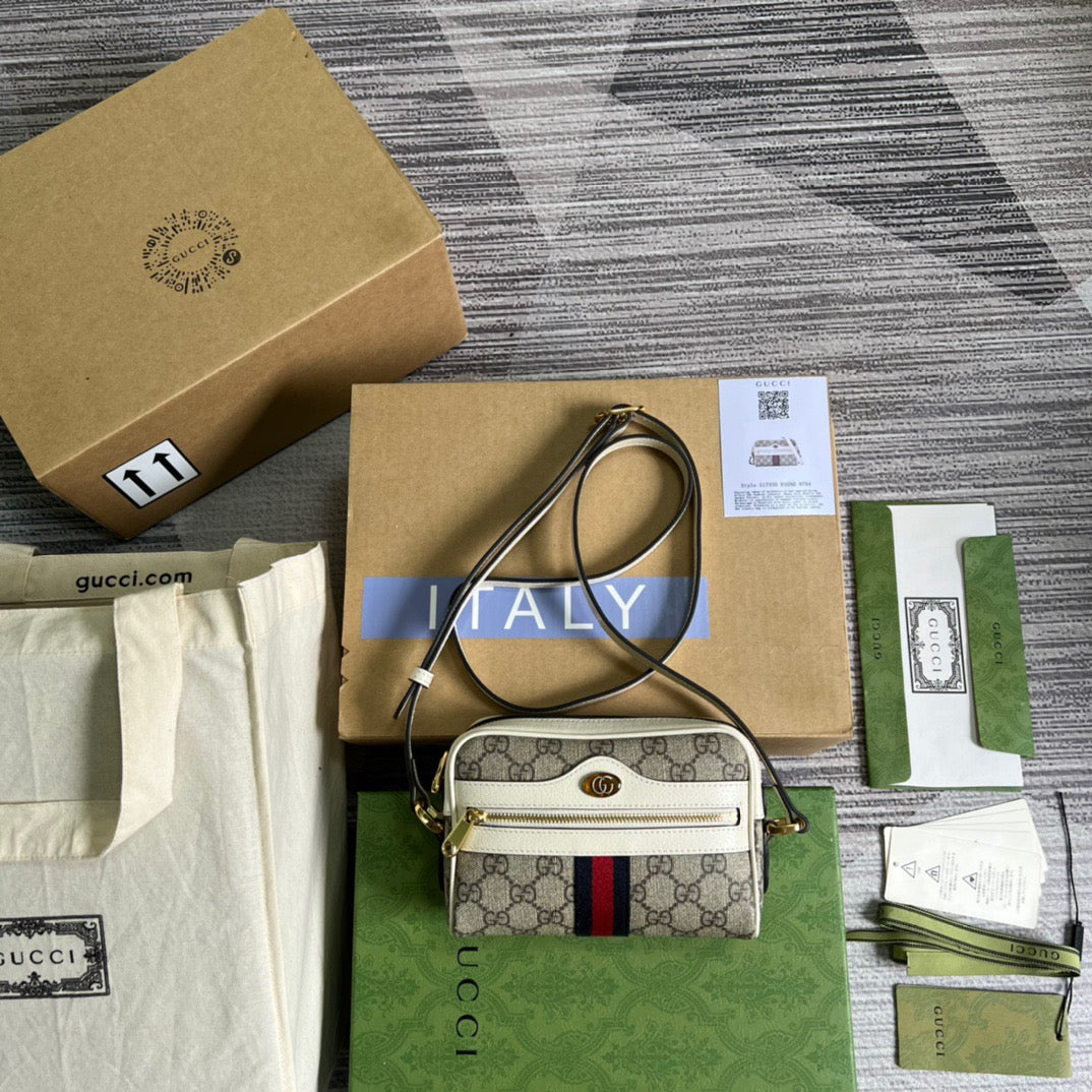 gg Ophidia Mini gg Bag Beige And Ebony gg Supreme Canvas, With White For Women 7in/17.5cm gg 517350 96IWS 9794
