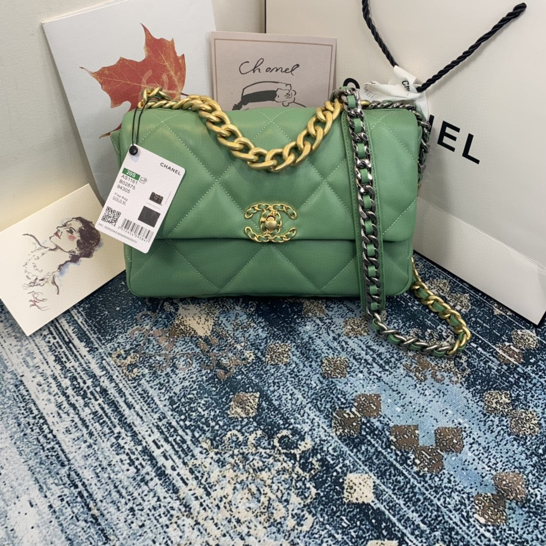 CHL 19 Flap Bag Gold Hardware Green For Women, Women’s Handbags, Shoulder Bags 10.2in/26cm AS1160