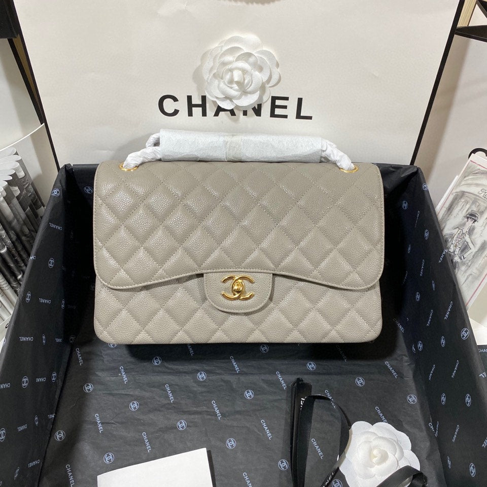 ChanelLarge Classic Handbag Gold Hardware Grey For Women, Women’s Handbags, Shoulder Bags 11.8in/30cm