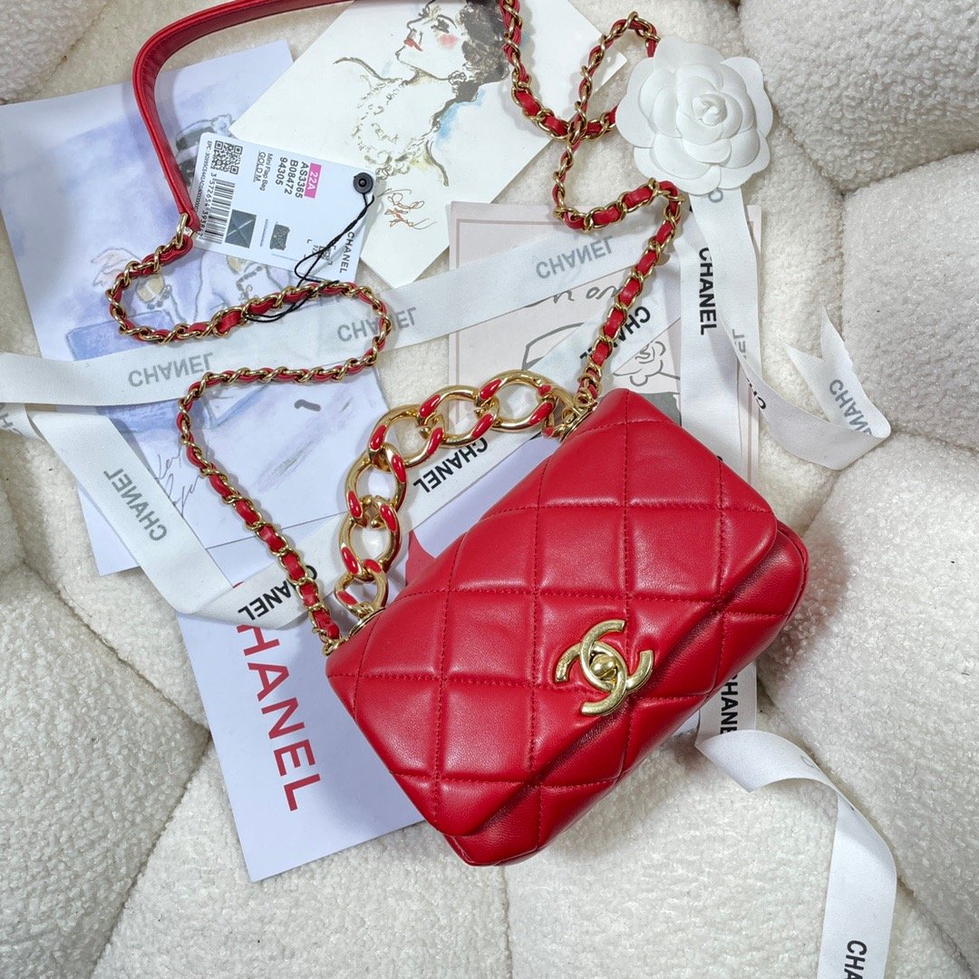 ChanelMini Flap Bag Gold Hardware Red For Women, Women’s Handbags, Shoulder Bags 6.7in/17cm AS3365
