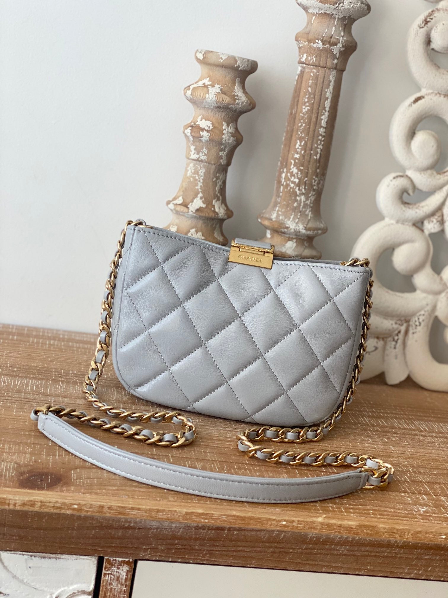 ChanelSmall Hobo Bag Gold Hardware Grey For Women, Women’s Handbags, Shoulder Bags 7.5in/19cm
