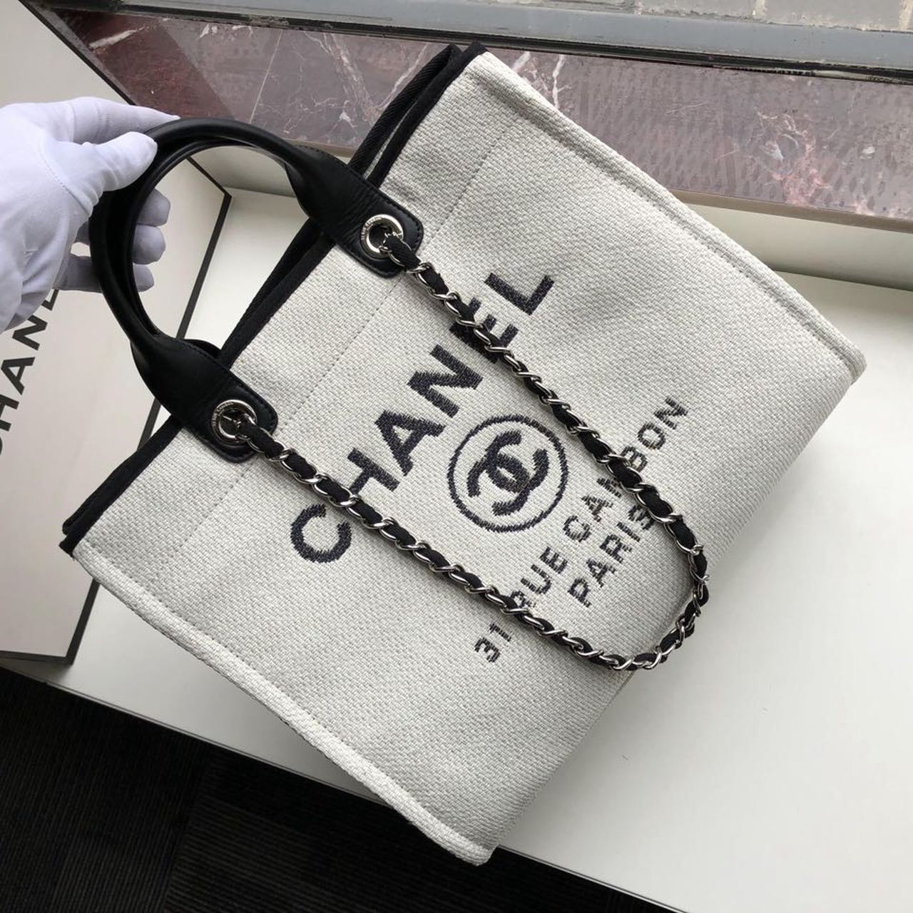 ChanelSmall Shopping Bag Silver Hardware White For Women, Women’s Handbags, Shoulder Bags 15.2in/39cm AS3257