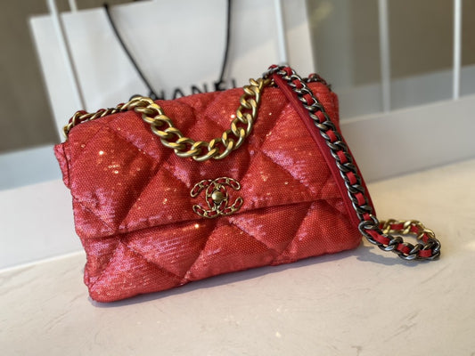 CHL 19 Flap Bag Gold Hardware Red For Women, Women’s Handbags, Shoulder Bags 10.2in/26cm AS1160 