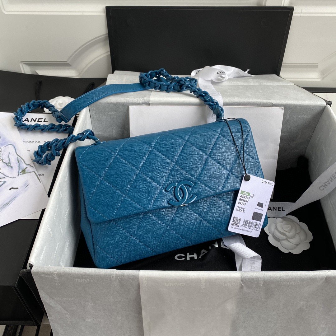 ChanelFlap Bag Red Hardware Grained Blue For Women, Women’s Handbags, Shoulder Bags 9.4in/24cm AS2303